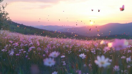 Naklejka premium envision a peaceful ukraininan countryside scene just after sunset. a soft twilight haze settles over flower fields of tall grass. colorful butterflies flicker gently among the grasses 