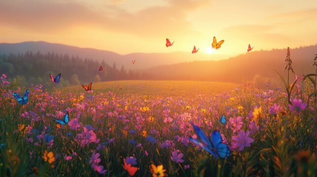 envision a peaceful ukraininan countryside scene just after sunset. a soft twilight haze settles over flower fields of tall grass. colorful butterflies flicker gently among the grasses
