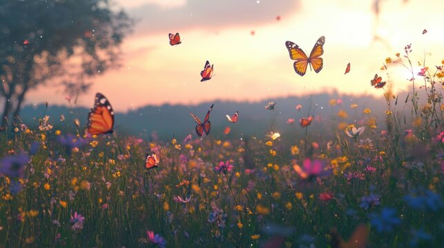 envision a peaceful ukraininan countryside scene just after sunset. a soft twilight haze settles over flower fields of tall grass. colorful butterflies flicker gently among the grasses

