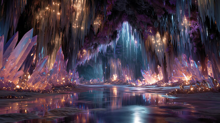 Fantasy illustration showcasing a mesmerizing crystal cave filled with glowing gemstones, magical lighting, and reflective surfaces. Perfect as a backdrop for fantasy games, animation scenes