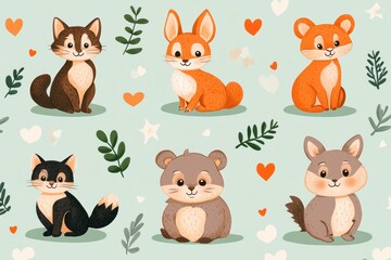 Cute Forest Animals: A charming illustration featuring a variety of adorable forest animals, including a fox, rabbit, wolf, bear, and squirrel.