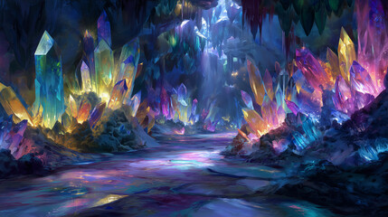 Fantasy illustration showcasing a mesmerizing crystal cave filled with glowing gemstones, magical lighting, and reflective surfaces. Perfect as a backdrop for fantasy games, animation scenes