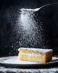 Slice of cake with powdered sugar on top