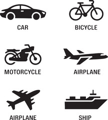 Car bicycle motorcycle airplane ship icons vector