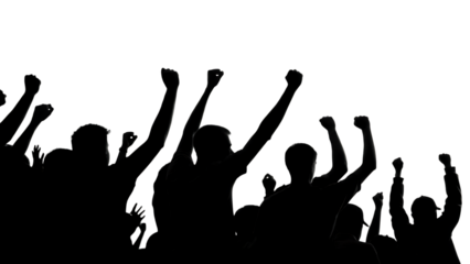 Black and white silhouette of a crowd with raised fists in excitement isolated on a transparent background