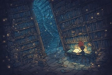 A child reads by candlelight within a vast, ancient, and towering library filled with countless books.