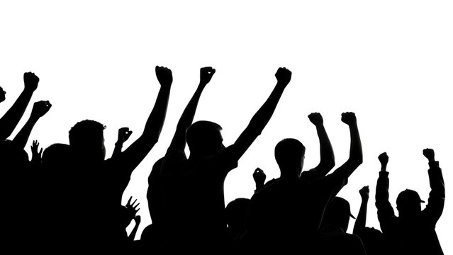 Black and white silhouette of a crowd with raised fists in excitement isolated on a transparent background