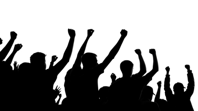 Black and white silhouette of a crowd with raised fists in excitement isolated on a transparent background - Powered by Adobe