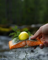 Person is holding a piece of salmon with a lemon slice on top