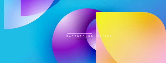 Abstract colorful shapes overlap. Gradient blues, purples, yellows create dynamic visual effect. Modern design elements present.