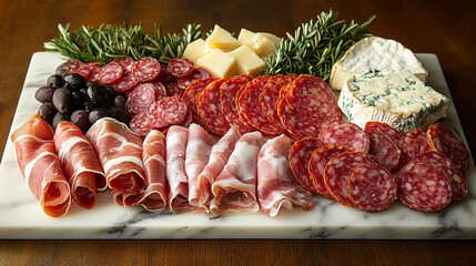 Charcuterie board with salami, cheese, prosciutto, olives on marble, wood table