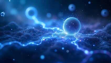 Fototapeta premium Visual representation of subatomic particles interacting in a glowing quantum field, with entanglement lines and motion trails, in a deep-space environment.