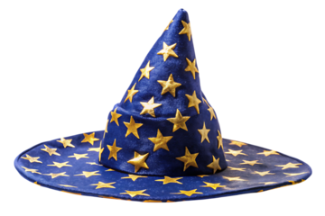 Blue wizard hat with gold stars and moon symbols isolated on a transparent background magic hat costume