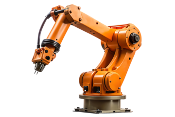 Bright orange industrial robotic arm with multiple joints and a gripper on a black background isolated on a transparent background