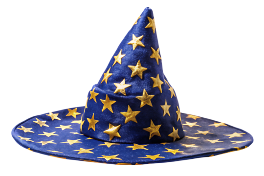 Blue wizard hat with gold stars and moon symbols isolated on a transparent background magic hat costume - Powered by Adobe