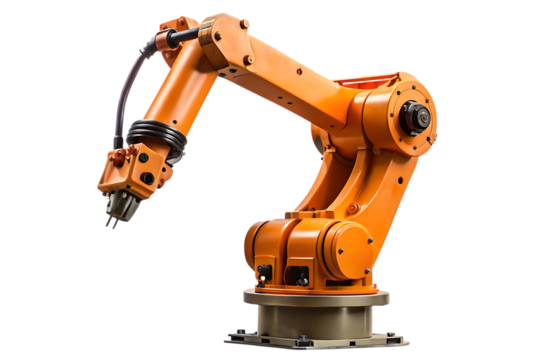 Bright orange industrial robotic arm with multiple joints and a gripper on a black background isolated on a transparent background