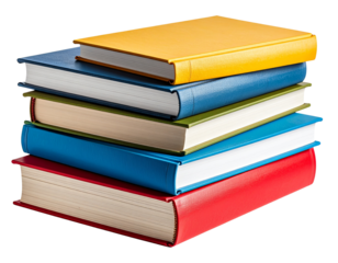 Realistic stack of hardcover books in assorted colors, isolated on a transparent background