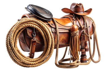 Brown leather western saddle with coiled lasso and cowboy hat isolated on a transparent background rodeo