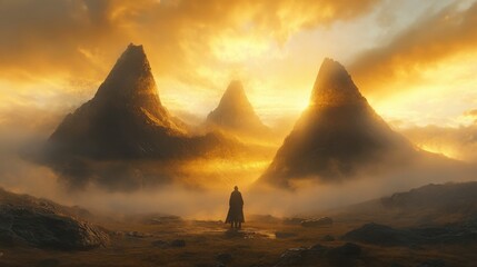 Epic landscape of three summits at dawn, person standing in front of them, dramatic mountain landscape, panoramic mountain vista
