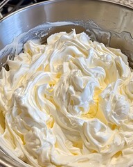 Large bowl of whipped cream is sitting on a counter
