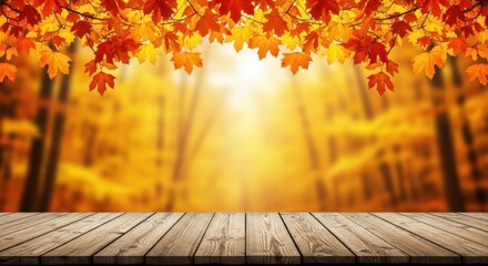 Wooden Table Autumn Leaves Background Fall Foliage Orange Yellow Cozy Harvest
