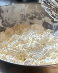 Bowl of whipped cream is being mixed with a hand mixer