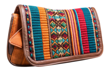 Close-up of a western saddle pad with colorful woven geometric patterns and leather trim isolated on a transparent background