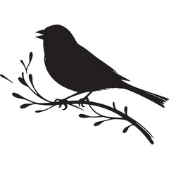 Black Silhouette of a Small canary Perched on Branch Vector Illustration