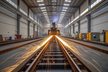 Fototapeta premium Automated Welding Workshop with Sparks Creating a Trail on Rail Track in Clean Fabrication Space