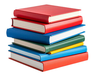 Realistic stack of hardcover books in assorted colors, isolated on a transparent background