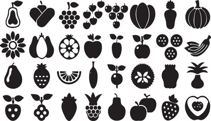 A set of black and white vector icons featuring fresh fruit silhouettes, including apple, pineapple, cherry, lemon, pear, strawberry, banana, orange, and grape