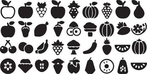 Black and white fruit and vegetable icon set with apple banana cherry and other fresh food illustrations