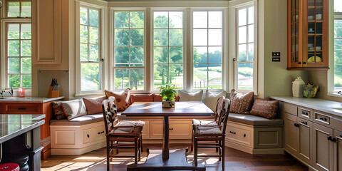 Warm Dining Nook with Wooden Table, Chairs, and Built-In Bench by Large Window

