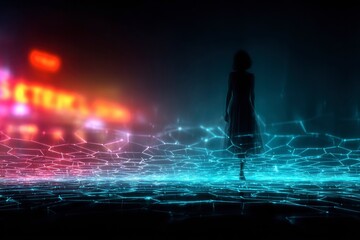 Fototapeta premium Digital Wanderer: A solitary figure navigates a futuristic landscape of interconnected data and neon-lit cityscape. Representing journey and technology.