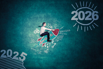 Businessman Riding a Rocket Toward 2026 – Future Success and Innovation