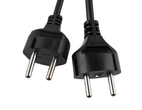 Modern electric plug with dual pins and cable, isolated on a transparent background