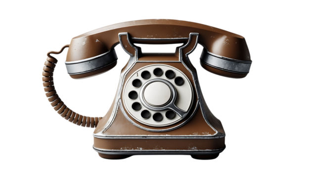 Vintage brown rotary dial telephone with chrome accents on black background