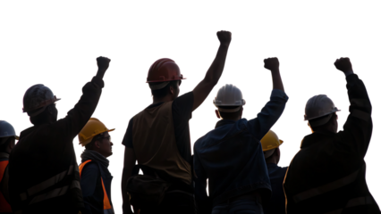 Diverse group of construction workers in hard hats raising fists in protest isolated on a transparent background
