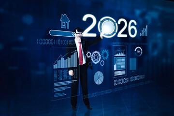 Businessman Using VR Headset for 2026 Business Data Analysis