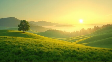 Obraz premium Lush green hills bathed in sunrise light.