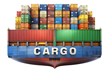 Obraz premium Front view of a large cargo ship loaded with stacks of colorful shipping containers isolated on a transparent background