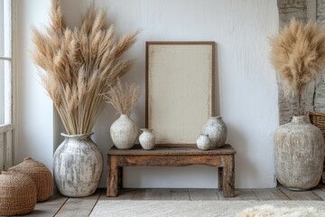 Obraz premium Canvas frame and vases with pampas grass on a wooden floor near a white wall, enhancing the boho interior design with unique home decor pieces, Generative AI