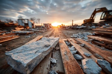 Fototapeta premium Demolition at Sunset: The demolition of a building or structure at dusk, the sky bathed in sunset hues, surrounded by debris and heavy machinery.