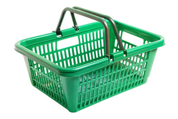 Fototapeta premium Green plastic shopping basket with metal handles angled on black background isolated on a transparent background
