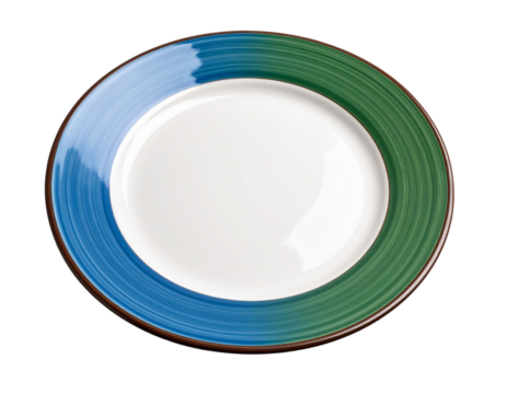 White, blue, green ceramic coffee saucer with slight glaze, isolated on a transparent background