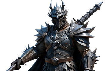Fototapeta premium Intimidating dark fantasy knight in spiked armor holding a sword with Ai isolated on a transparent background