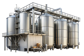 Obraz premium Large industrial stainless steel tanks and piping system on black background isolated on a transparent background