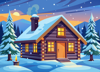 Cozy wooden cabin nestled in a snowy winter landscape at dusk