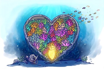 A diver observes a heart-shaped coral reef teeming with life, glowing from within.
