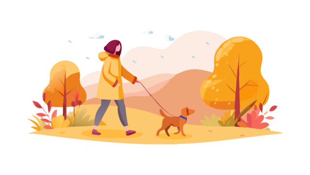 Illustration of woman walking dog in autumn park with fall foliage and trees outdoor scene vector art - Powered by Adobe